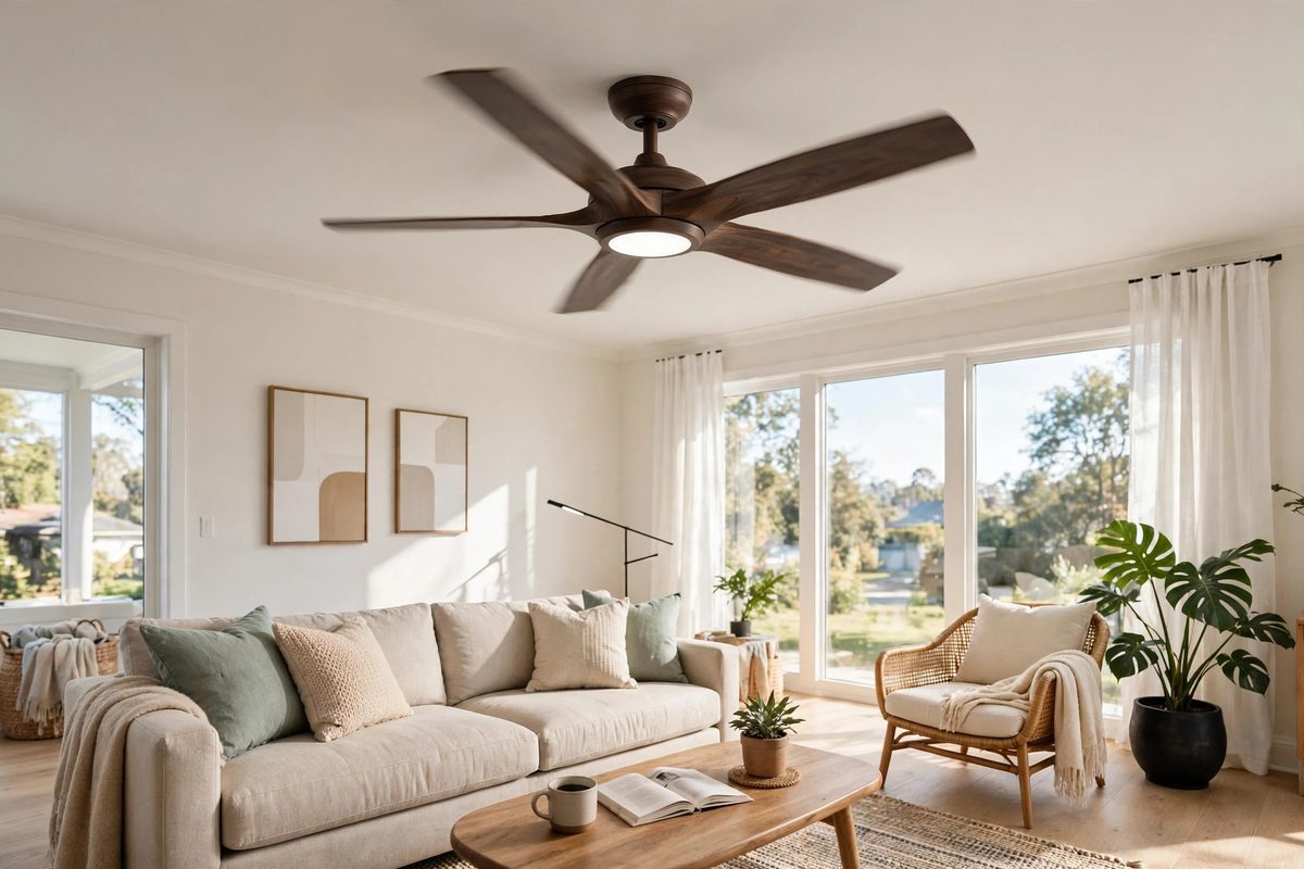 Newly installed ceiling fan in a bright modern living room
