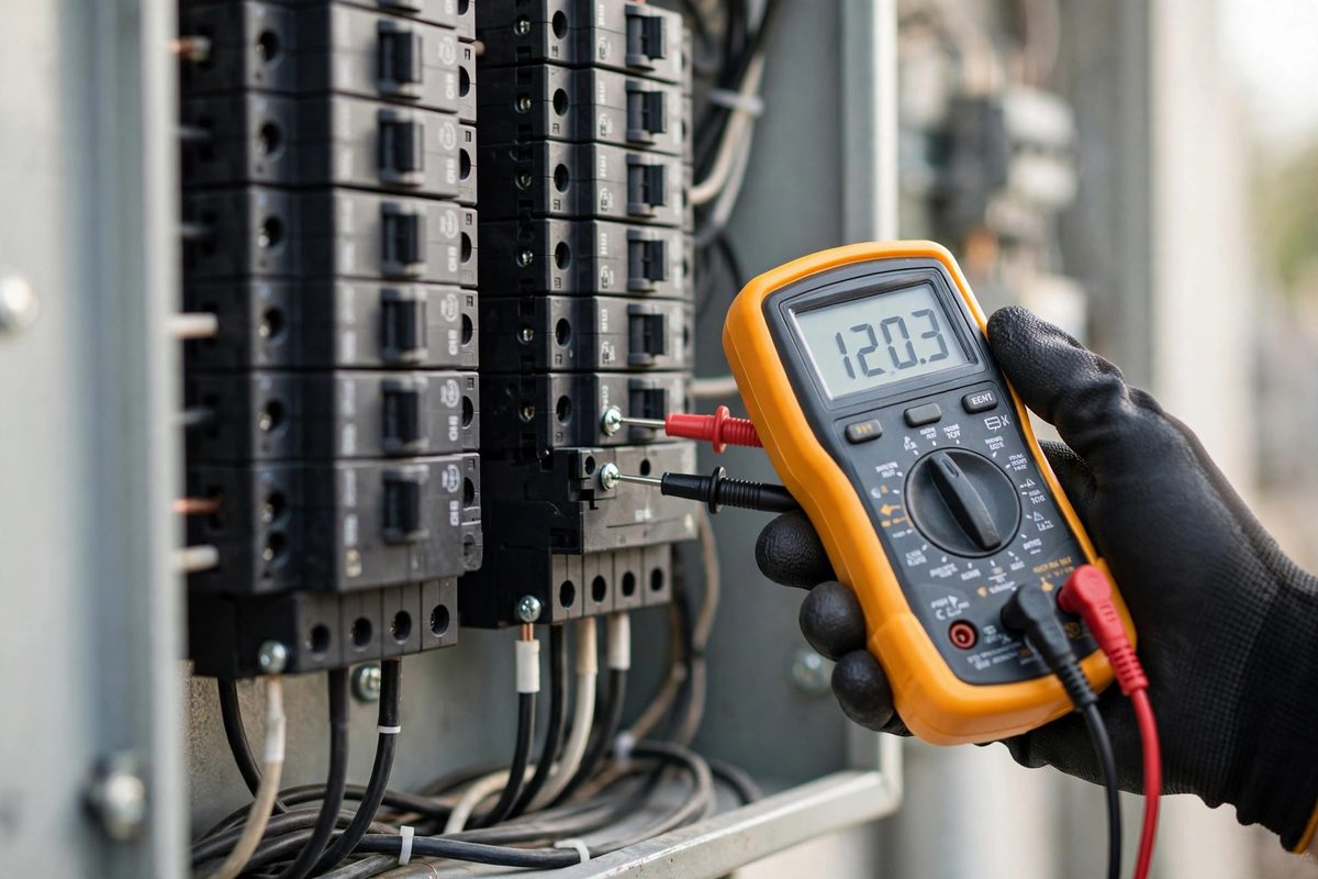 Electrician testing circuit breakers with a digital multimeter