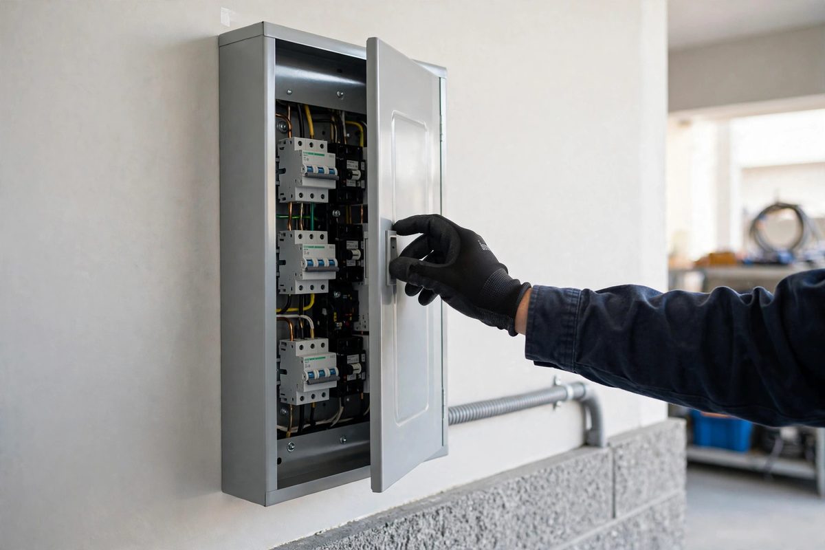 Electrician closing a modern labeled breaker panel during a panel upgrade