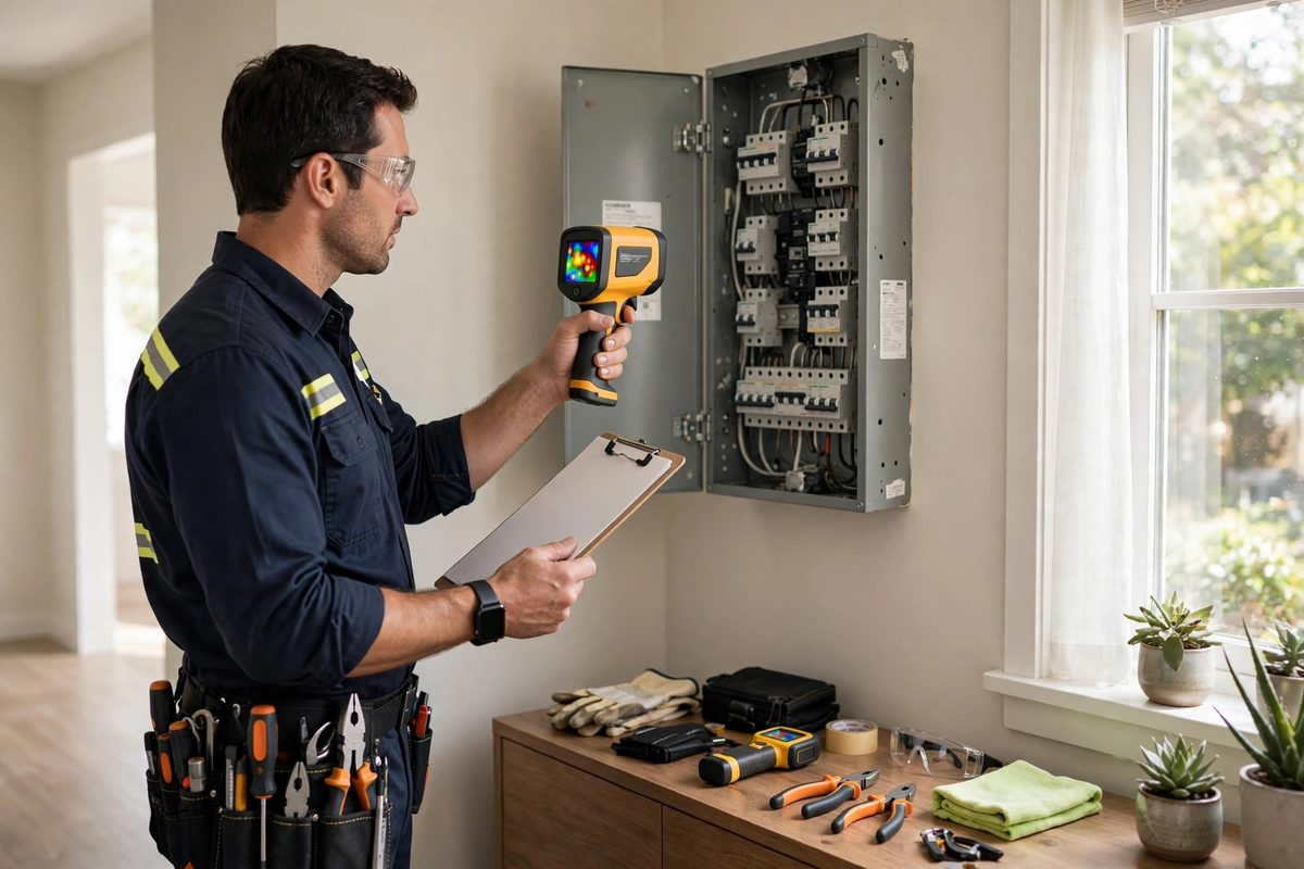 Electrician inspecting a breaker panel with a clipboard and thermal camera
