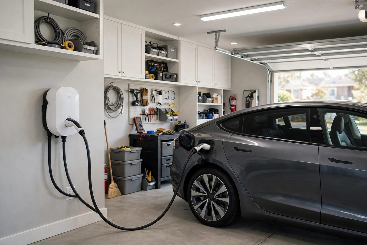 Wall-mounted Level 2 EV charger plugged into an electric car in a home garage