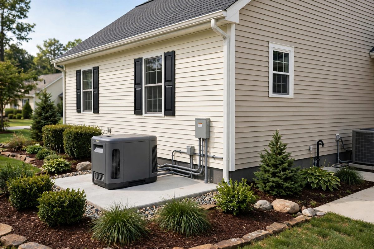 Standby home generator installed on a concrete pad beside a house