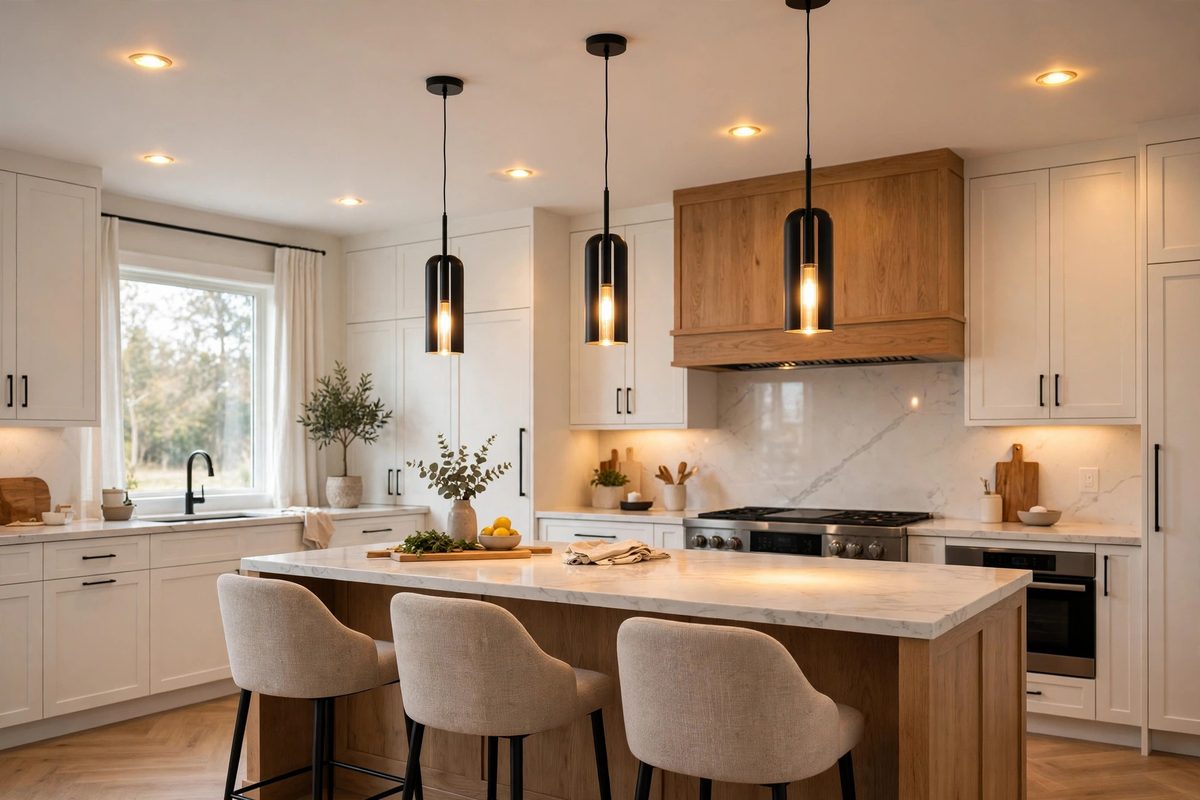 Modern kitchen with new recessed and pendant lighting