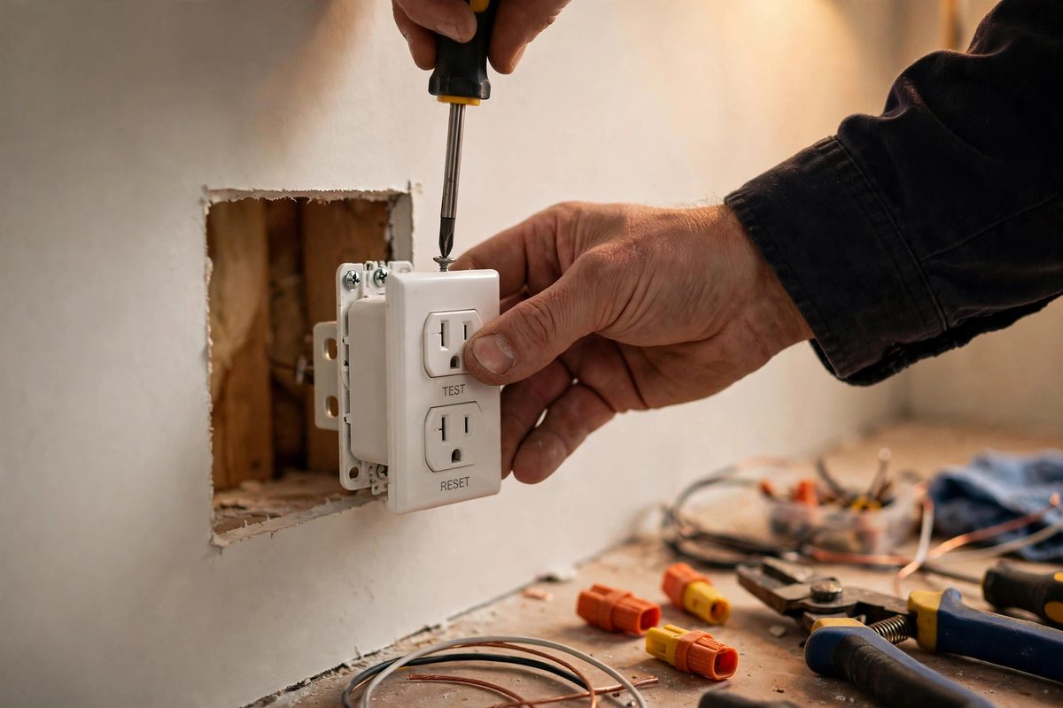 Electrician installing a modern GFCI outlet into a wall