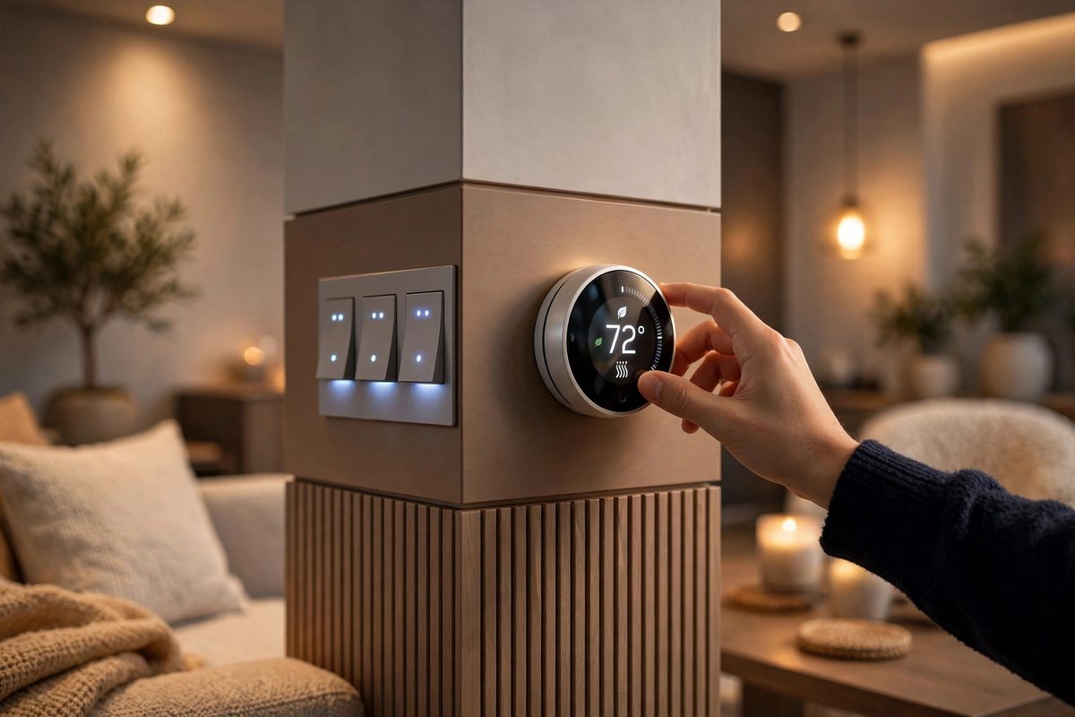 Smart thermostat and light switches glowing in a modern living room