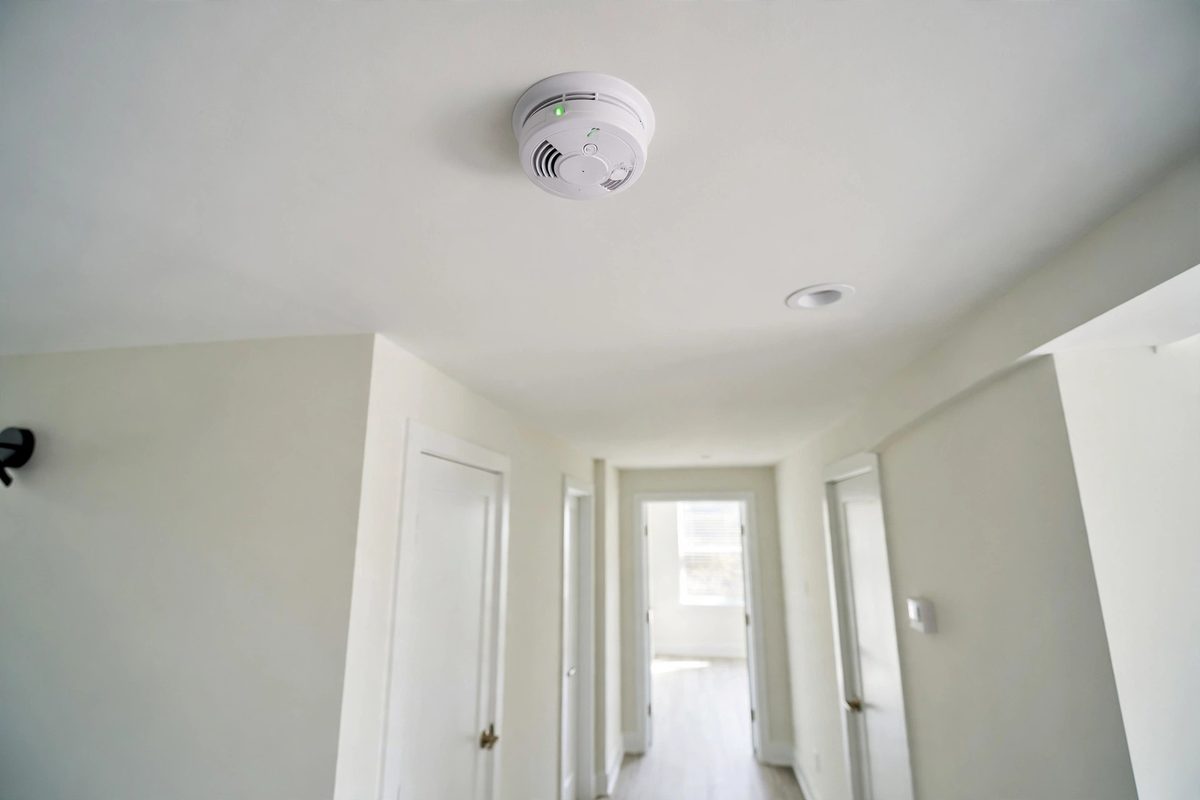 Newly installed smoke and carbon monoxide detector on a hallway ceiling
