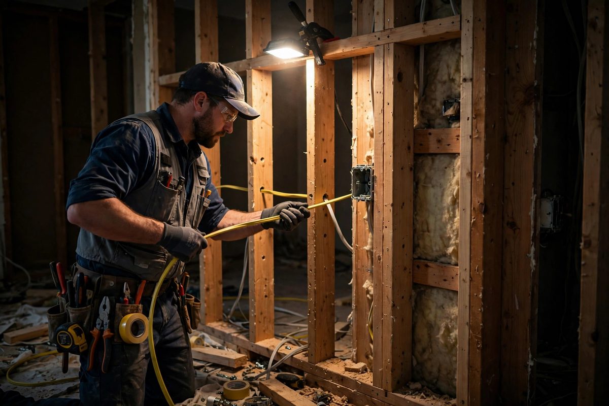 Electrician pulling new cable through wall framing during whole-house rewiring