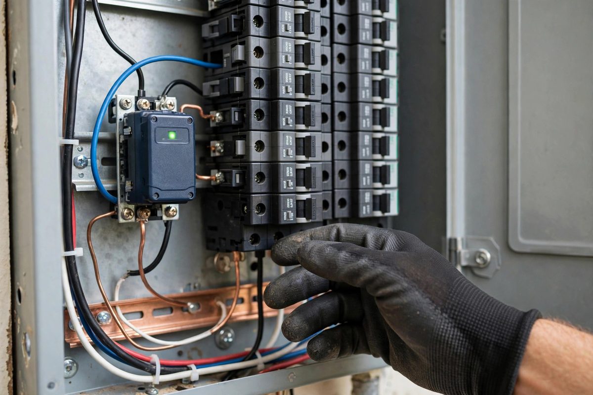 Surge protection device installed beside breakers in an open electrical panel